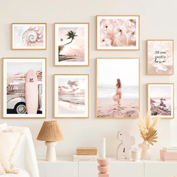 Настенное искусство, картина на холсте, Розовый цветок, девушка для серфинга на пляже, Кокосовая пальма, декор для гостиной, плакаты и принты, домашние настенные рисунки