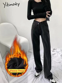 Джинсы Yitimoky, женские толстые флисовые широкие брюки с перекрестной талией, прямые винтажные мешковатые джинсы, джинсовые зимние брюки 2022