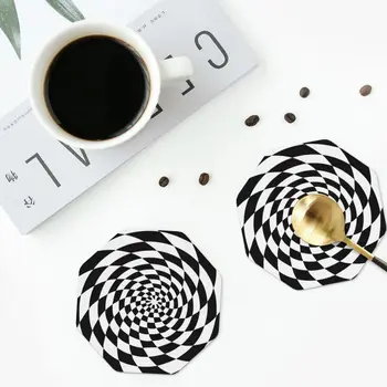 Оптическая иллюзия, черно-белые подставки в стиле оп-арт, кожаные салфетки с водонепроницаемой изоляцией, кофейный коврик, Кухонные столовые подушечки, набор из 4 предметов