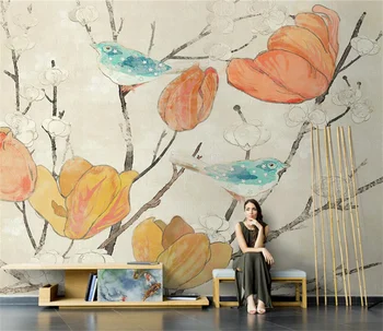 Американская абстрактная картина маслом с ручной росписью, цветы и птицы, цветочные обои, гостиная, фон для телевизора, настенная роспись по индивидуальному заказу